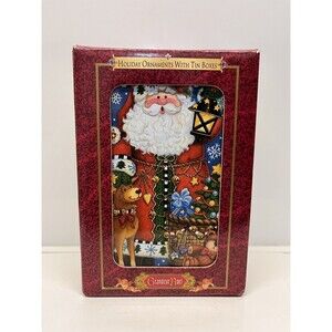 CHRISTMAS SANTA CLAUS REINDEER GRANDEUR NOEL 4" RESIN ORNAMENT & TIN BOX